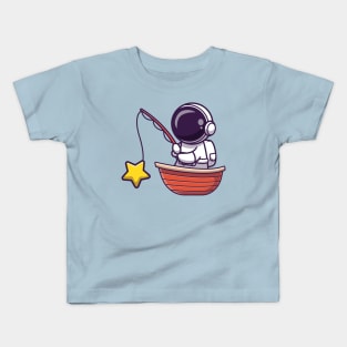 Astronaut Fishing Star On Boat Cartoon Kids T-Shirt